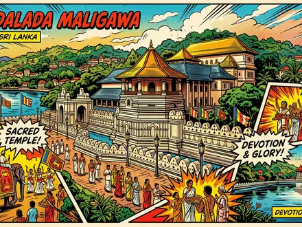 Pop-Art-Comicillustration des Wahrzeichens Zahntempel Kandy in Kandy Sri Lanka, kraeftige Konturen Rasterpunkte und satte Farben - Foto: THN