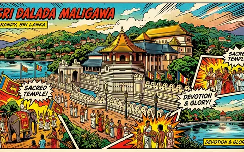 Pop-Art-Comicillustration des Wahrzeichens Zahntempel Kandy in Kandy Sri Lanka, kraeftige Konturen Rasterpunkte und satte Farben - Foto: THN
