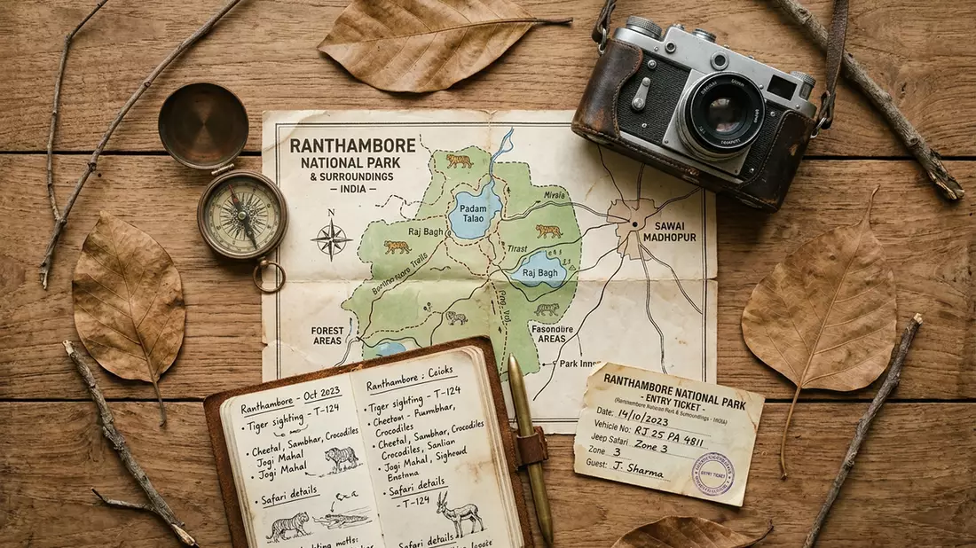 Flatlay-Reise-Arrangement rund um Ranthambore-Nationalpark in Sawai Madhopur, Indien