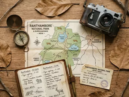 Flatlay-Reise-Arrangement rund um Ranthambore-Nationalpark in Sawai Madhopur Indien, Karte Kompass Kamera und generische Reiserequisiten - Foto: THN