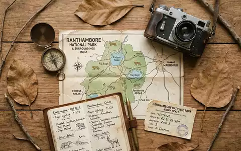 Flatlay-Reise-Arrangement rund um Ranthambore-Nationalpark in Sawai Madhopur Indien, Karte Kompass Kamera und generische Reiserequisiten - Foto: THN