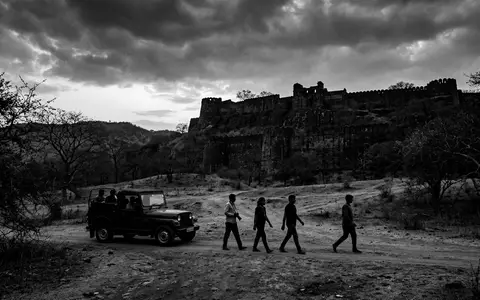 Schwarzweiss-Reportagebild vom Wahrzeichen Ranthambore-Nationalpark in Sawai Madhopur Indien, dokumentarische Reisefotografie mit starken Kontrasten - Foto: THN