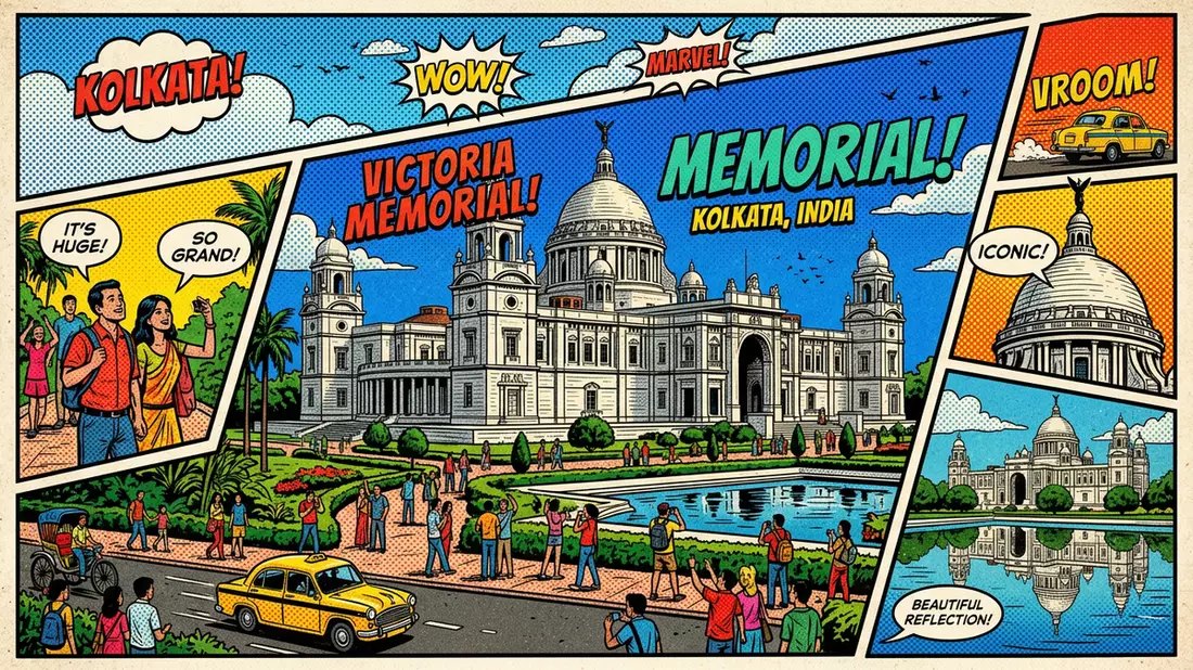Pop-Art-Comic von Victoria Memorial Kolkata in Kolkata, Indien mit Rasterpunkten
