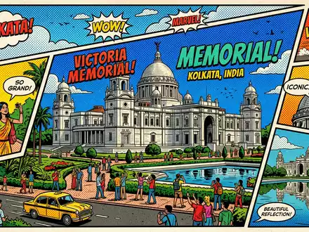 Pop-Art-Comicillustration des Wahrzeichens Victoria Memorial Kolkata in Kolkata Indien, kraeftige Konturen Rasterpunkte und satte Farben - Foto: THN