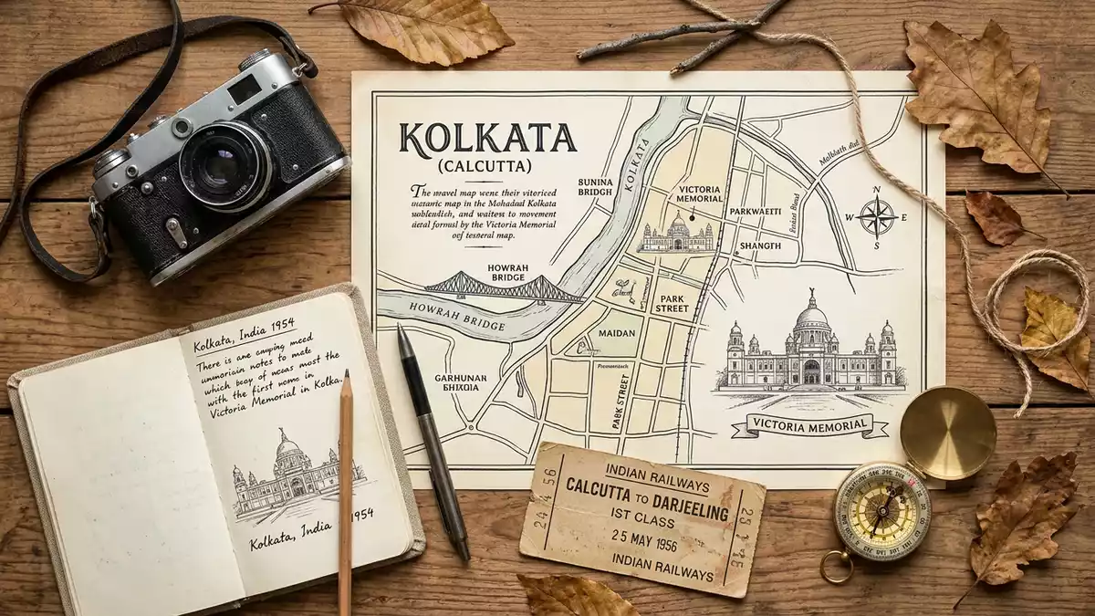 Flatlay-Reise-Arrangement rund um Victoria Memorial Kolkata in Kolkata, Indien