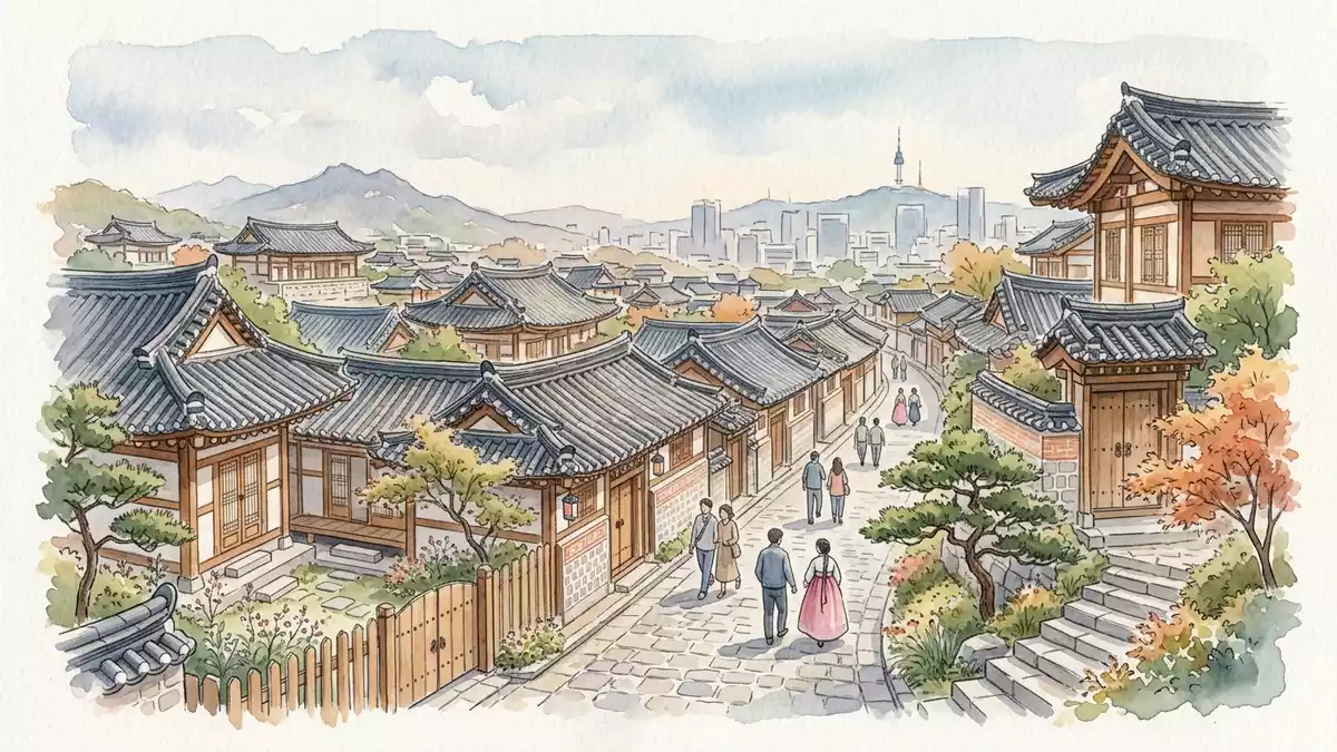 Aquarell-Illustration von Bukchon Hanok Village in Seoul, Südkorea als Reiseposter