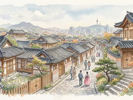 Aquarellillustration des Wahrzeichens Bukchon Hanok Village in Seoul Südkorea, weiche Farbverläufe und pastelliges Reiseposter-Feeling - Foto: THN