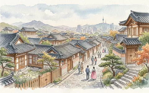 Aquarellillustration des Wahrzeichens Bukchon Hanok Village in Seoul Südkorea, weiche Farbverläufe und pastelliges Reiseposter-Feeling - Foto: THN