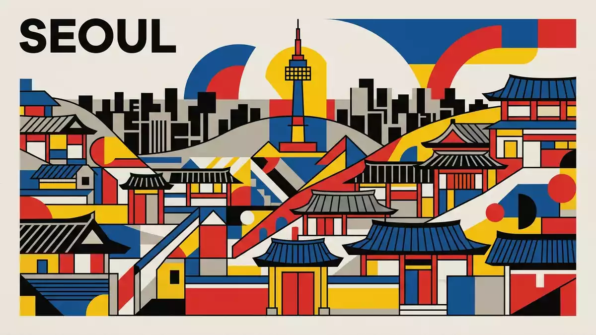Bauhaus-Poster als Abstraktion von Bukchon Hanok Village in Seoul, Südkorea