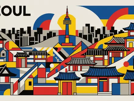 Bauhaus-Poster als geometrische Abstraktion von Bukchon Hanok Village in Seoul SĂĽdkorea, kraeftige Grundfarben und harte - Foto: THN