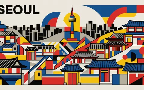 Bauhaus-Poster als geometrische Abstraktion von Bukchon Hanok Village in Seoul Südkorea, kraeftige Grundfarben und harte - Foto: THN