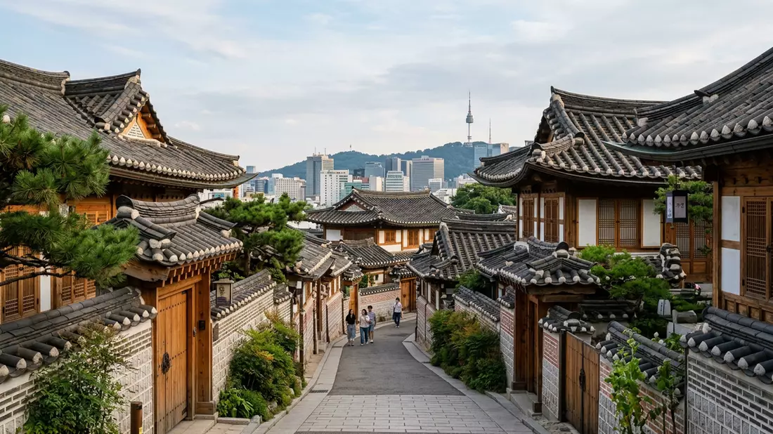Editorial-Reisemagazinbild vom Wahrzeichen Bukchon Hanok Village in Seoul, Südkorea