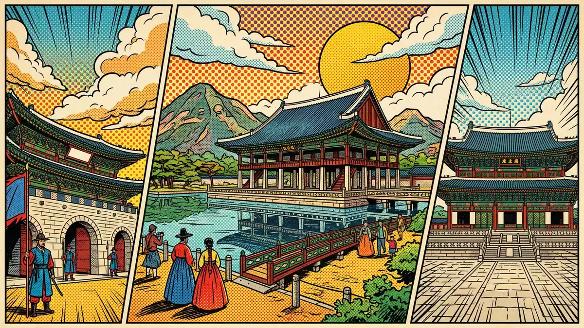 Pop-Art-Comic von Gyeongbokgung Seoul in Seoul, Südkorea mit Rasterpunkten