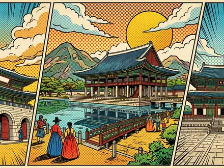 Pop-Art-Comicillustration des Wahrzeichens Gyeongbokgung Seoul in Seoul Südkorea, kraeftige Konturen Rasterpunkte und satte Farben - Foto: THN
