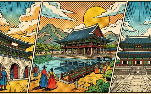 Pop-Art-Comicillustration des Wahrzeichens Gyeongbokgung Seoul in Seoul Südkorea, kraeftige Konturen Rasterpunkte und satte Farben - Foto: THN