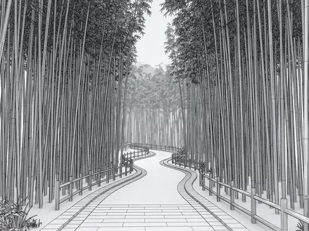 Moderner Architektur-Render zeigt Silhouette von Arashiyama-Bambuswald in Kyoto Japan, klare Linien und neutrales Tageslicht - Foto: THN