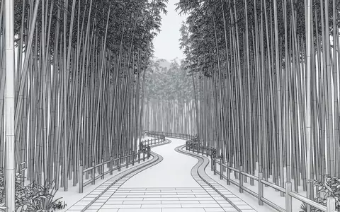 Moderner Architektur-Render zeigt Silhouette von Arashiyama-Bambuswald in Kyoto Japan, klare Linien und neutrales Tageslicht - Foto: THN