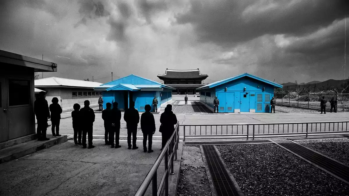 Schwarzweiss-Reportage vom Wahrzeichen DMZ Panmunjom in Panmunjom, Südkorea