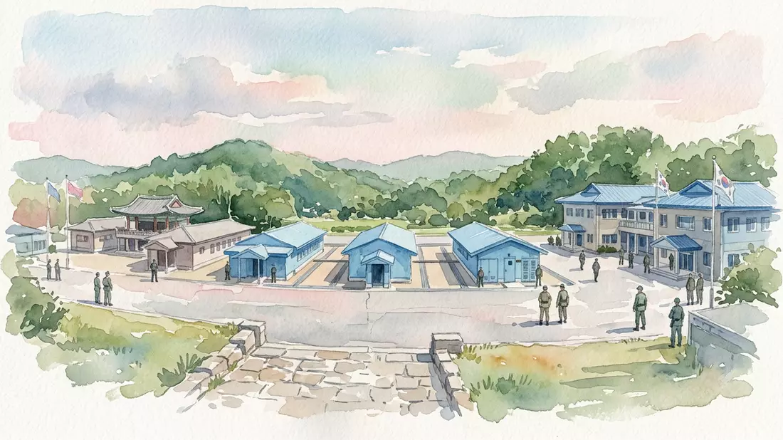 Aquarell-Illustration von DMZ Panmunjom in Panmunjom, Südkorea als Reiseposter