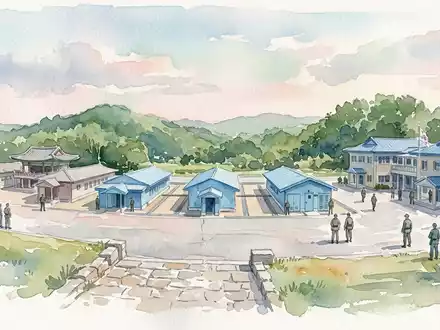Aquarellillustration des Wahrzeichens DMZ Panmunjom in Panmunjom Südkorea, weiche Farbverläufe und pastelliges Reiseposter-Feeling - Foto: THN