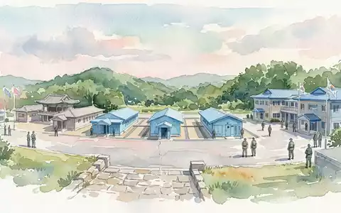 Aquarellillustration des Wahrzeichens DMZ Panmunjom in Panmunjom Südkorea, weiche Farbverläufe und pastelliges Reiseposter-Feeling - Foto: THN