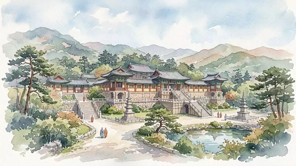 Aquarell-Illustration von Bulguksa Gyeongju in Gyeongju, Südkorea als Reiseposter