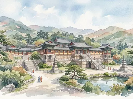Aquarellillustration des Wahrzeichens Bulguksa Gyeongju in Gyeongju Südkorea, weiche Farbverläufe und pastelliges Reiseposter-Feeling - Foto: THN