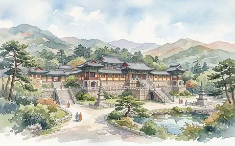 Aquarellillustration des Wahrzeichens Bulguksa Gyeongju in Gyeongju Südkorea, weiche Farbverläufe und pastelliges Reiseposter-Feeling - Foto: THN