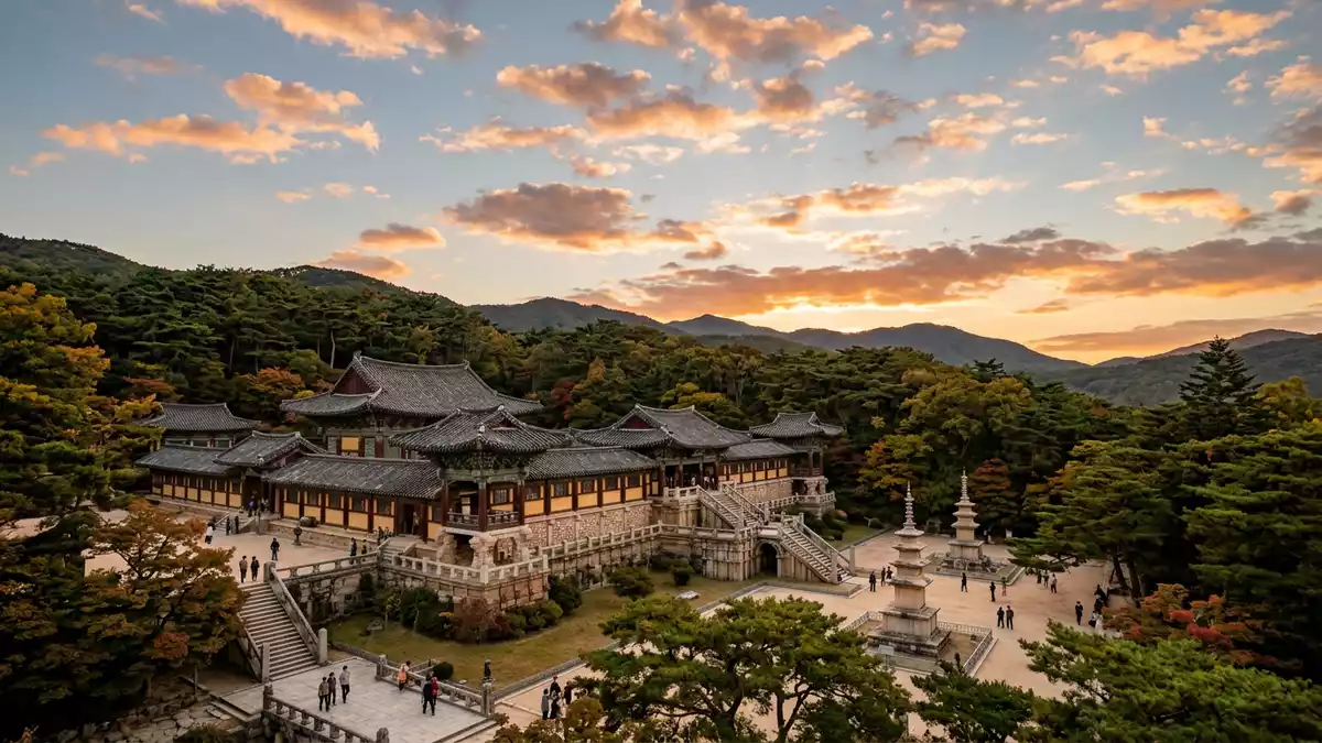 Fotorealistische Ansicht von Bulguksa Gyeongju in Gyeongju, Südkorea im Abendlicht