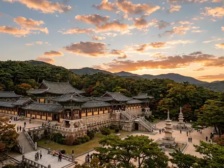 Fotorealistische Panoramaaufnahme von Bulguksa Gyeongju in Gyeongju Südkorea, warmes Abendlicht auf Wahrzeichen - Foto: THN
