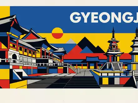 Bauhaus-Poster als geometrische Abstraktion von Bulguksa Gyeongju in Gyeongju Südkorea, kraeftige Grundfarben und harte Formkanten - Foto: THN