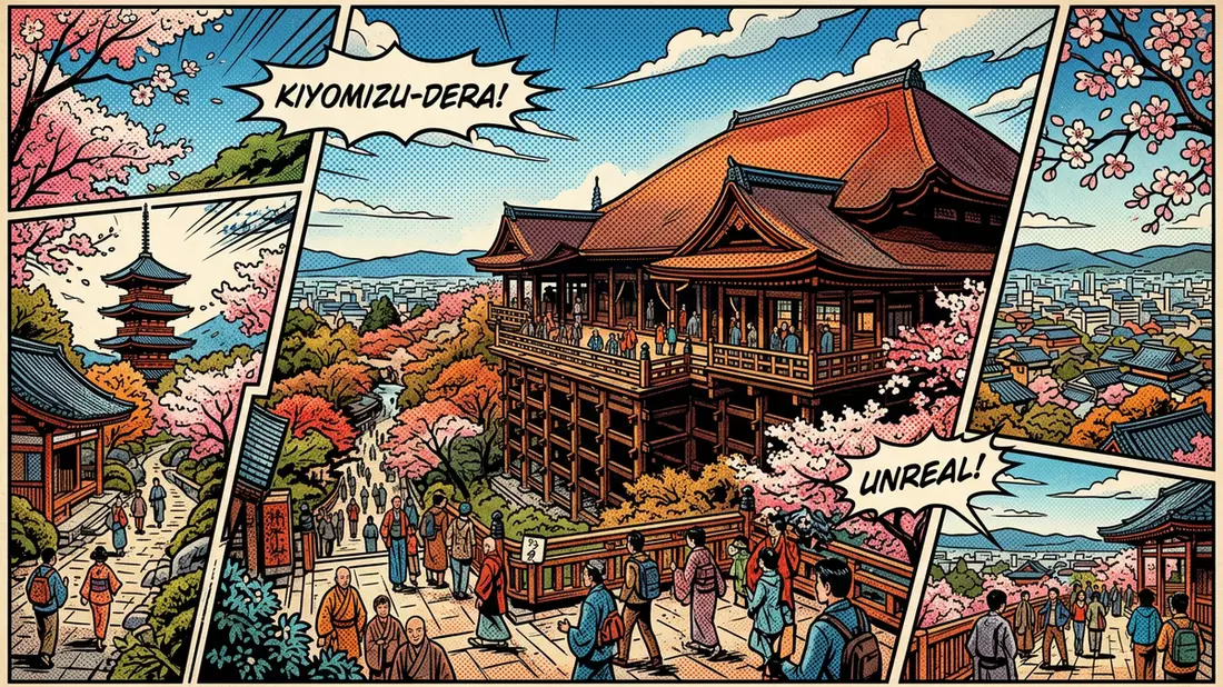Pop-Art-Comic von Kiyomizu-dera Kyoto in Kyoto, Japan mit Rasterpunkten