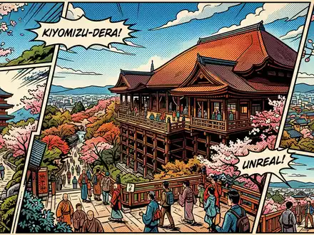 Pop-Art-Comicillustration des Wahrzeichens Kiyomizu-dera Kyoto in Kyoto Japan, kraeftige Konturen Rasterpunkte und satte Farben - Foto: THN