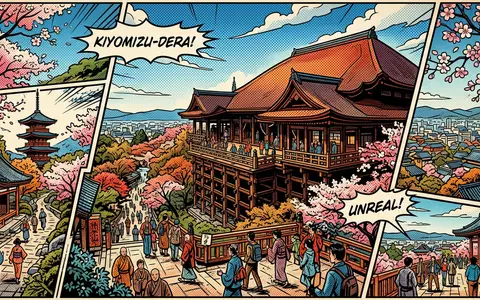 Pop-Art-Comicillustration des Wahrzeichens Kiyomizu-dera Kyoto in Kyoto Japan, kraeftige Konturen Rasterpunkte und satte Farben - Foto: THN