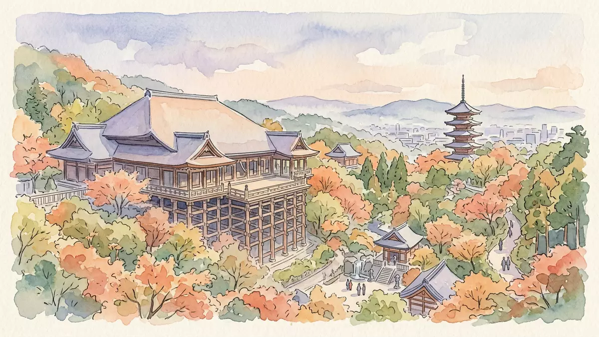Aquarell-Illustration von Kiyomizu-dera Kyoto in Kyoto, Japan als Reiseposter