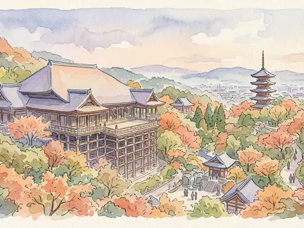 Aquarellillustration des Wahrzeichens Kiyomizu-dera Kyoto in Kyoto Japan, weiche Farbverläufe und pastelliges Reiseposter-Feeling - Foto: THN