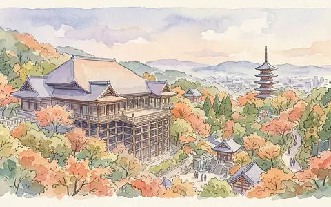 Aquarellillustration des Wahrzeichens Kiyomizu-dera Kyoto in Kyoto Japan, weiche Farbverläufe und pastelliges Reiseposter-Feeling - Foto: THN