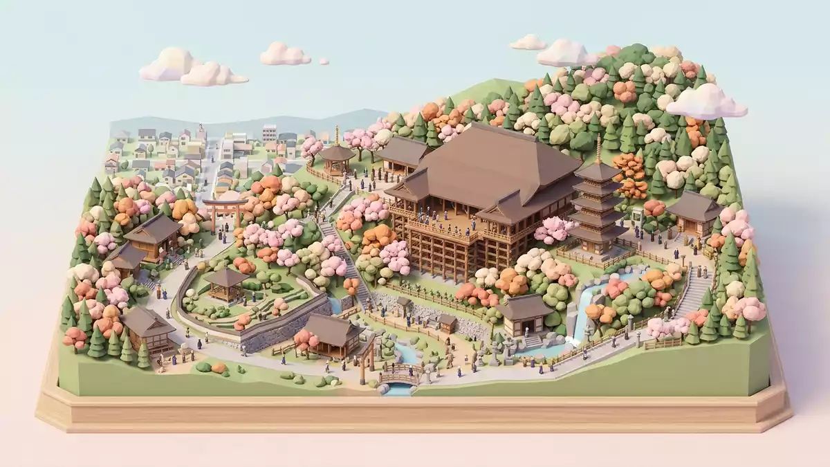 Isometrisches Diorama von Kiyomizu-dera Kyoto in Kyoto, Japan in Pastell