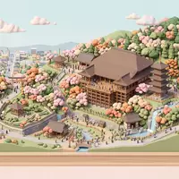 Isometrisches Diorama von Kiyomizu-dera Kyoto und Umgebung in Kyoto Japan, verspielte Low-Poly-Kulisse in Pastellfarben - Foto: THN