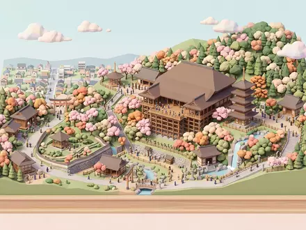 Isometrisches Diorama von Kiyomizu-dera Kyoto und Umgebung in Kyoto Japan, verspielte Low-Poly-Kulisse in Pastellfarben - Foto: THN