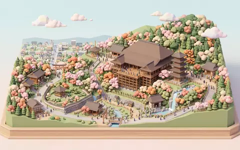 Isometrisches Diorama von Kiyomizu-dera Kyoto und Umgebung in Kyoto Japan, verspielte Low-Poly-Kulisse in Pastellfarben - Foto: THN