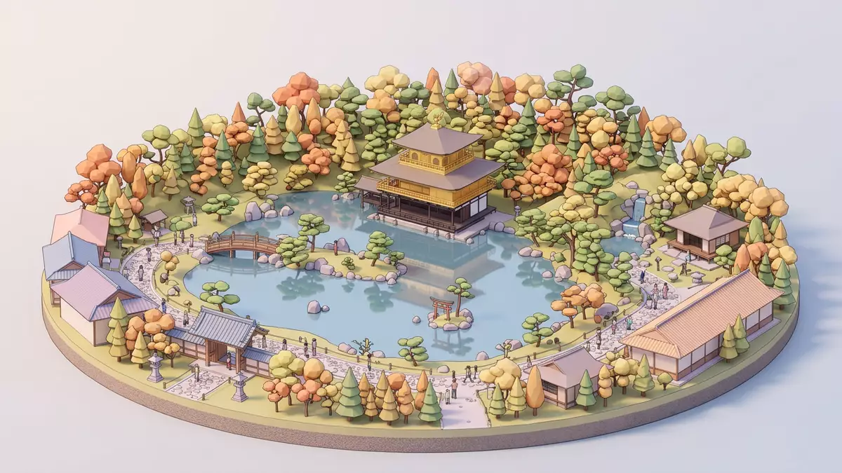 Isometrisches Diorama von Kinkaku-ji Kyoto in Kyoto, Japan in Pastell