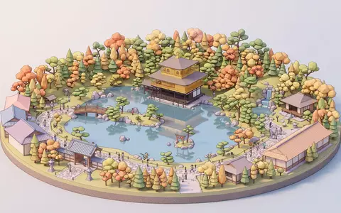 Isometrisches Diorama von Kinkaku-ji Kyoto und Umgebung in Kyoto Japan, verspielte Low-Poly-Kulisse in Pastellfarben - Foto: THN