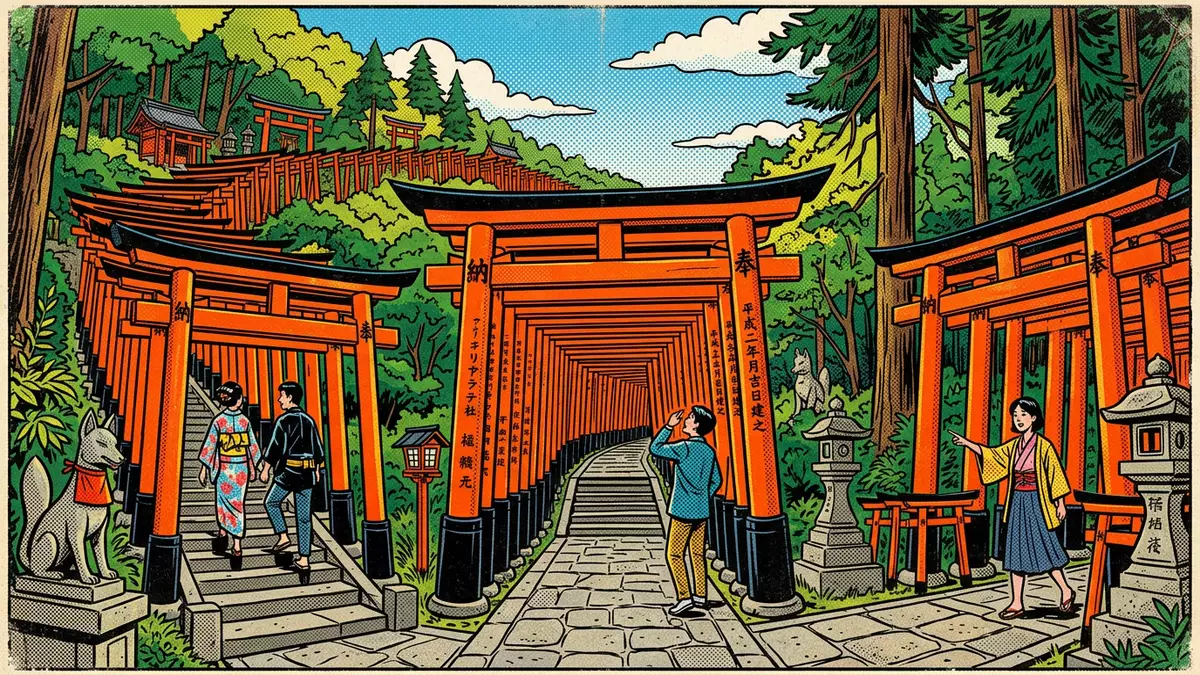 Pop-Art-Comic von Fushimi Inari-Taisha Kyoto in Kyoto, Japan mit Rasterpunkten