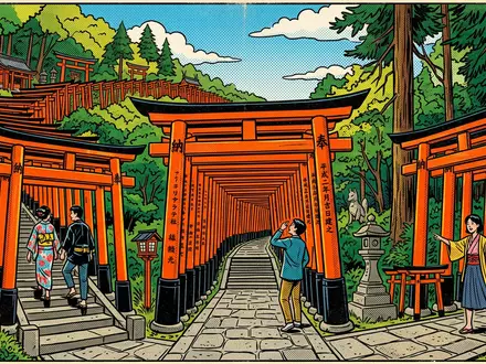 Pop-Art-Comicillustration des Wahrzeichens Fushimi Inari-Taisha Kyoto in Kyoto Japan, kraeftige Konturen Rasterpunkte und satte Farben - Foto: THN