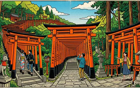 Pop-Art-Comicillustration des Wahrzeichens Fushimi Inari-Taisha Kyoto in Kyoto Japan, kraeftige Konturen Rasterpunkte und satte Farben - Foto: THN