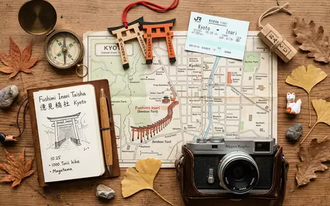 Flatlay-Reise-Arrangement rund um Fushimi Inari-Taisha Kyoto in Kyoto Japan, Karte Kompass Kamera und generische Reiserequisiten - Foto: THN