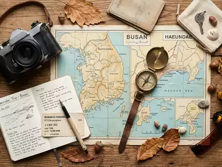 Flatlay-Reise-Arrangement rund um Haeundae Beach Busan in Busan Südkorea, Karte Kompass Kamera und generische Reiserequisiten - Foto: THN