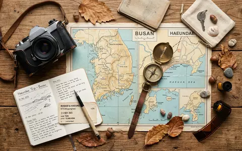 Flatlay-Reise-Arrangement rund um Haeundae Beach Busan in Busan Südkorea, Karte Kompass Kamera und generische Reiserequisiten - Foto: THN