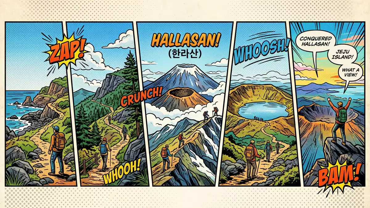 Pop-Art-Comic von Hallasan Jeju in Jeju, Südkorea mit Rasterpunkten